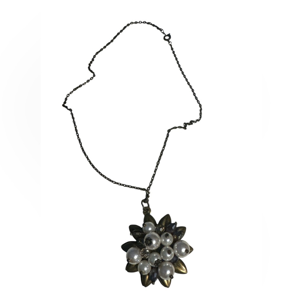 Vintage 50s Pearl & Rhinestone Cluster Pendant Necklace